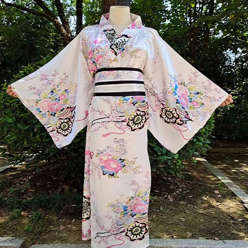 Japanese Kimono Cosplay Costume – Floral Sakura Printed Dress, Traditional Asian Style Kimono Outfit for Women Halloween & Party Wear