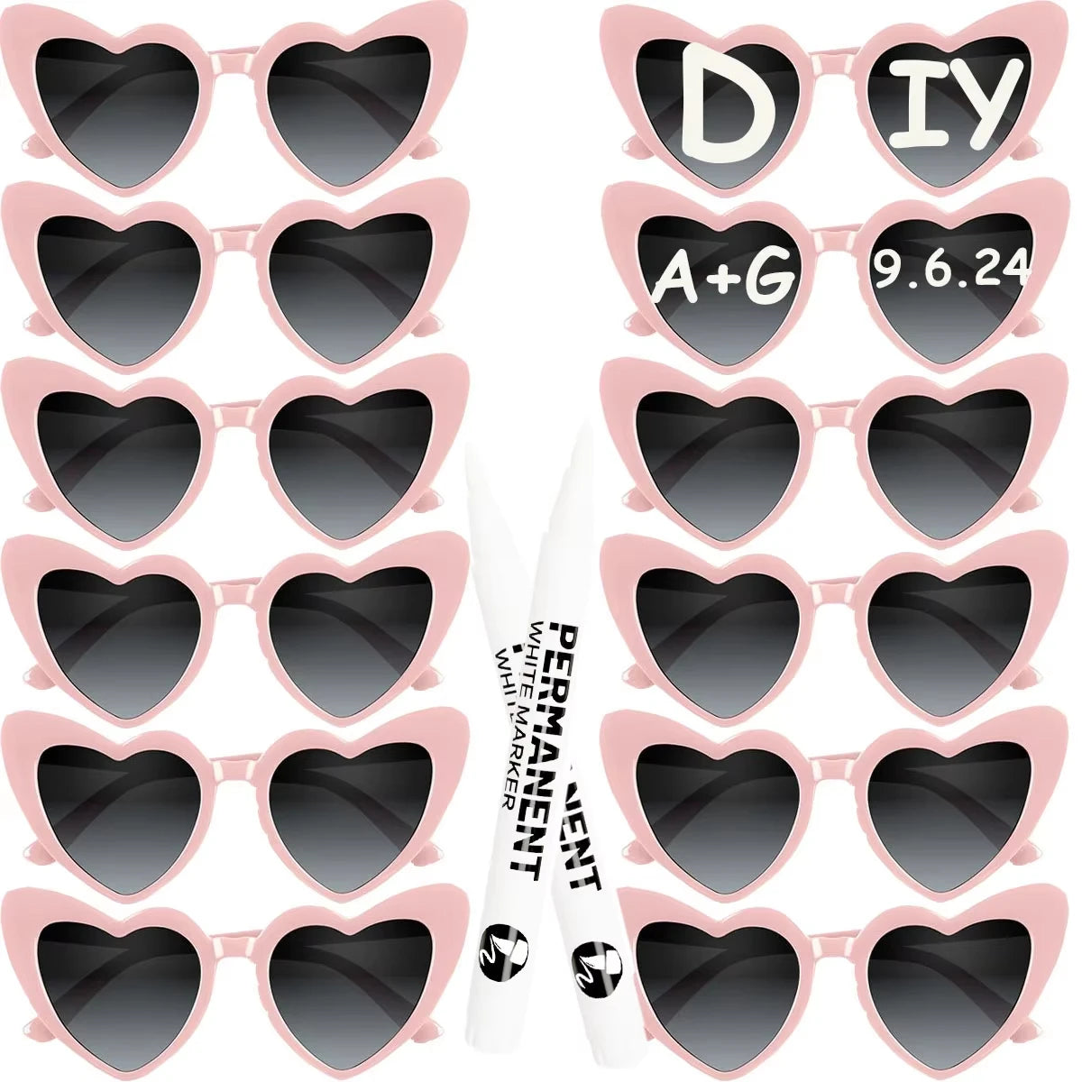 12–120PCS Personalized Heart Sunglasses with Pen – Wedding & Bachelorette Party Favors, Bridal Party Photo Props & Gifts
