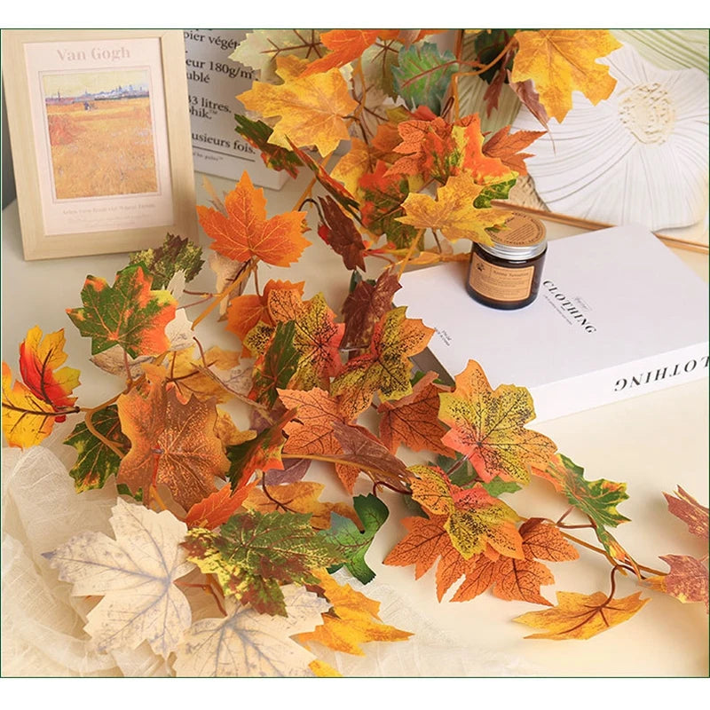 2M Artificial Maple Leaf Garland – Faux Fallen Leaves Autumn Rattan Decor for Thanksgiving, Halloween, Wedding, Christmas & Holiday Festivals