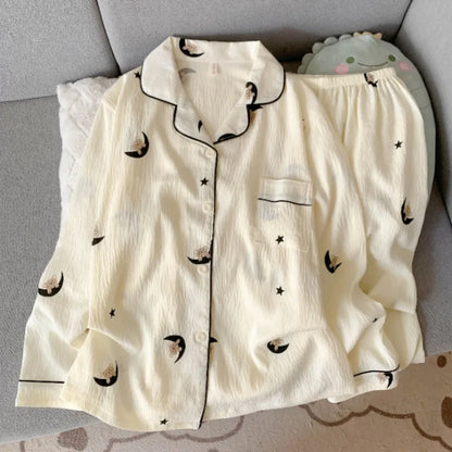 Pijama de 2 piezas a cuadros con bordado de perro para mujer - Estilo coreano, suave, de manga larga, ropa de dormir y de estar para otoño