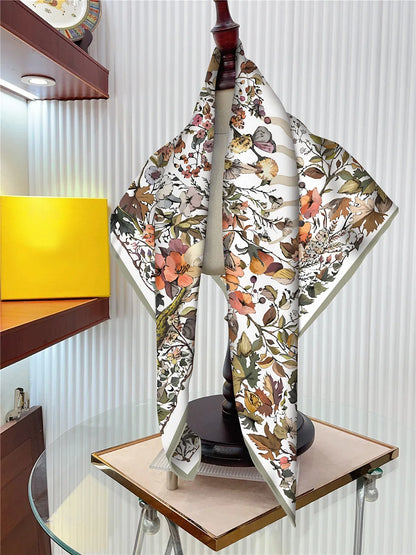Foulard carré en soie 90 cm pour femme, motif floral, sergé de luxe, bandana, châle, hijab, cache-col, écharpe de tête