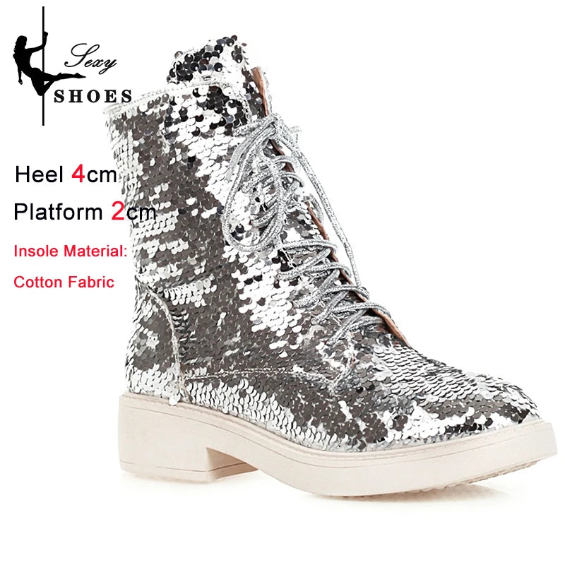 Women’s Plush Ankle Boots – Autumn & Winter Low Heel Round Toe Zipper Short Boots with Sequined Multi-Color Knit Design