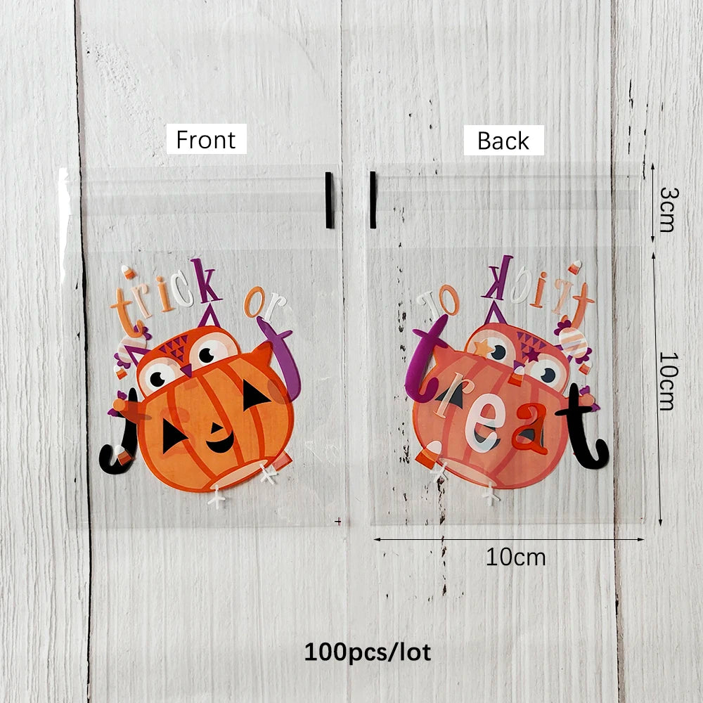 100PCS Halloween Candy Bags, Plastic Gift Packaging Bags with Ghost Pumpkin and Spider Prints, Trick or Treat Goodie Bags, Halloween Party Favors and Decorations