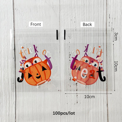 100PCS Halloween Candy Bags, Plastic Gift Packaging Bags with Ghost Pumpkin and Spider Prints, Trick or Treat Goodie Bags, Halloween Party Favors and Decorations