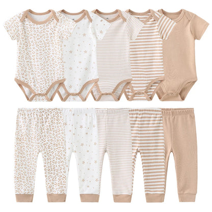 Kiddiezoom 10PCS Baby Clothing Set – Unisex Newborn Bodysuits & Pants, Soft Four-Season Infant Outfit for Baby Boys & Girls