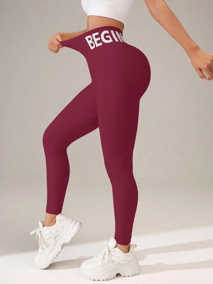Seamless Yoga Leggings – High-Waist Butt-Lifting Quick-Dry Breathable Workout Tights with Lettering Print for Women