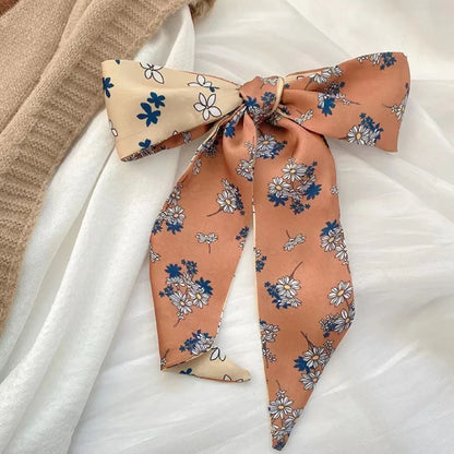 Khaki Nude Silk Scarf Hair Band – Vintage Satin Ribbon Bow Hair Accessory for Women | Elegant Fashion Hair Tie