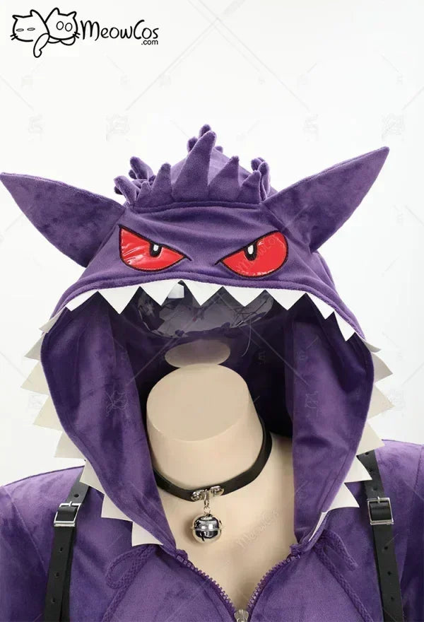 Meowcos Genga Cosplay Costume – Purple Ghost Romper Bodysuit | Hooded Plush Outfit with Belt, Tail & Socks (Halloween / Women)