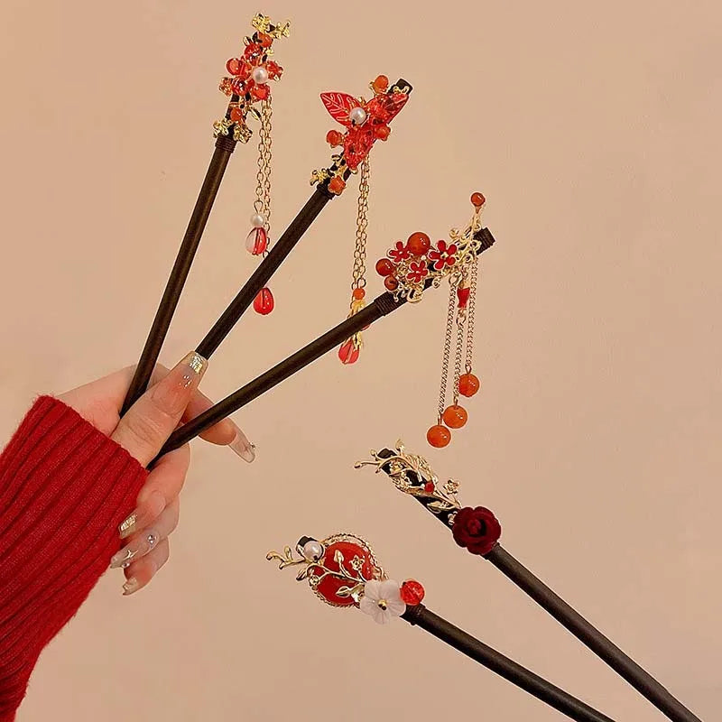 Vintage Chinese Wooden Hair Stick with Red Flower – Hanfu Hairpin Hair Fork for Women