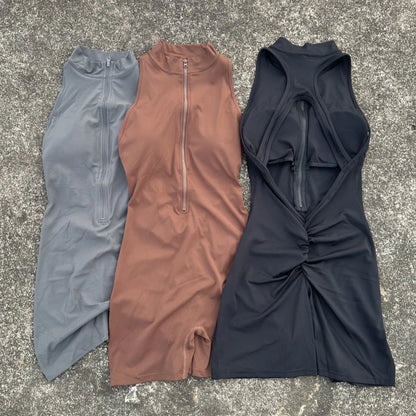 Women’s Scrunch Back Yoga Jumpsuit Shorts Set – Solid Color Zipper Gym Fitness One-Piece Sportswear