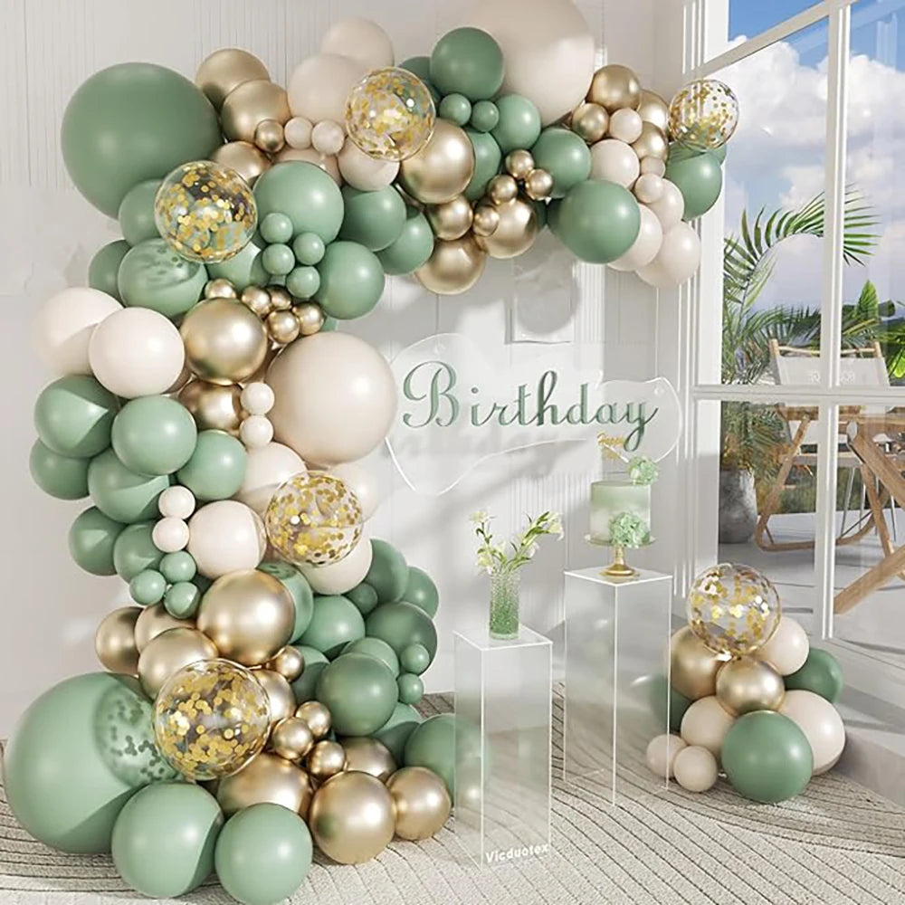 Sage Green Balloon Arch Garland Kit – Green, White, Sand & Gold Confetti Latex Balloons for Birthday, Wedding & Graduation Decorations