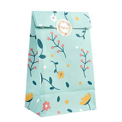 12/24PCS Plant Pattern Kraft Paper Gift Bags with Stickers for Candy, Cookies, Bakery Treats & Gift Packaging