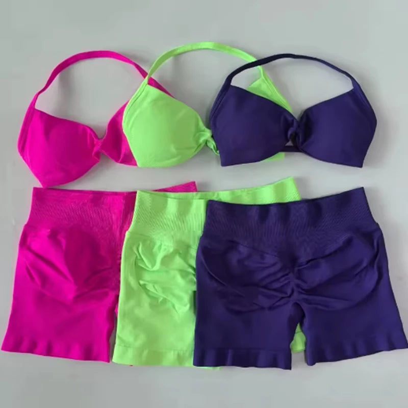 Women’s Seamless Yoga Set – 2PCS Strappy Sports Bra & High Waist Scrunch Shorts Gym Workout Outfit