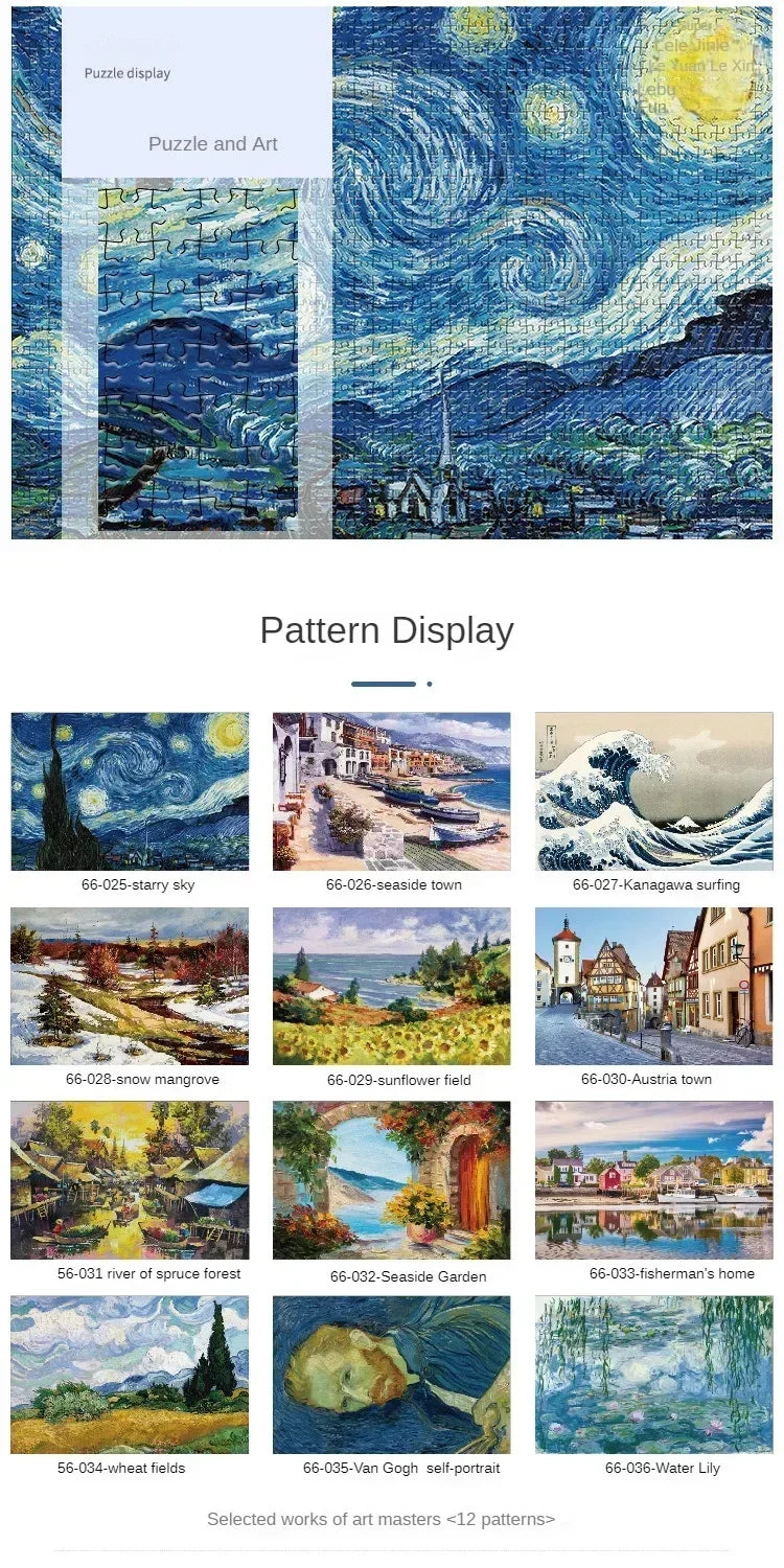 Mini puzzle de 1000 pièces – Puzzle de peinture à l'huile célèbre de Van Gogh pour adultes, jeu de puzzle d'art 38 × 26 cm, jouet éducatif casse-tête et cadeau de Noël
