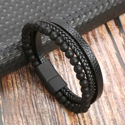 Pulsera de cuero clásica para hombre – Pulsera multicapa tejida a mano para hombre | Accesorio de joyería de moda casual, regalo
