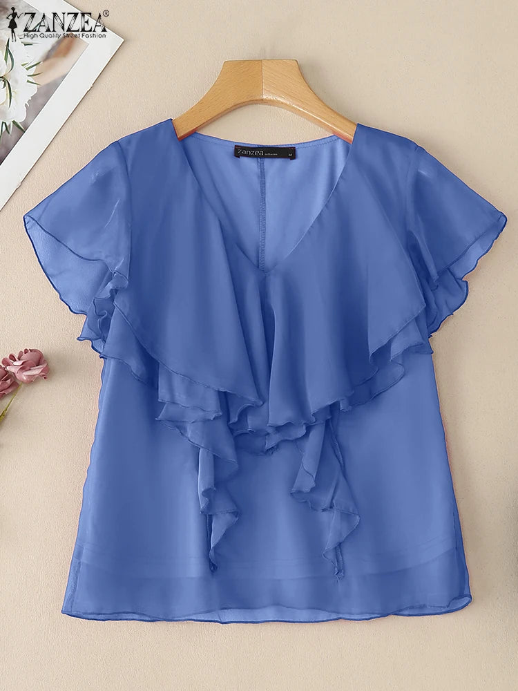 ZANZEA Women's Chiffon Blouse – Elegant Sheer Ruffle V-Neck Short Sleeve Solid Color Top for Summer