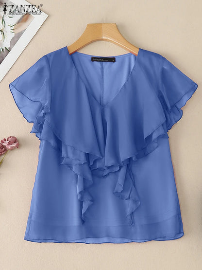ZANZEA Women's Chiffon Blouse – Elegant Sheer Ruffle V-Neck Short Sleeve Solid Color Top for Summer