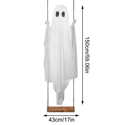 Halloween Hanging Swing Ghost Decoration – Cute White Ghost with String Lights for Porch, Yard, Trees, Parties & Spooky Outdoor Decor
