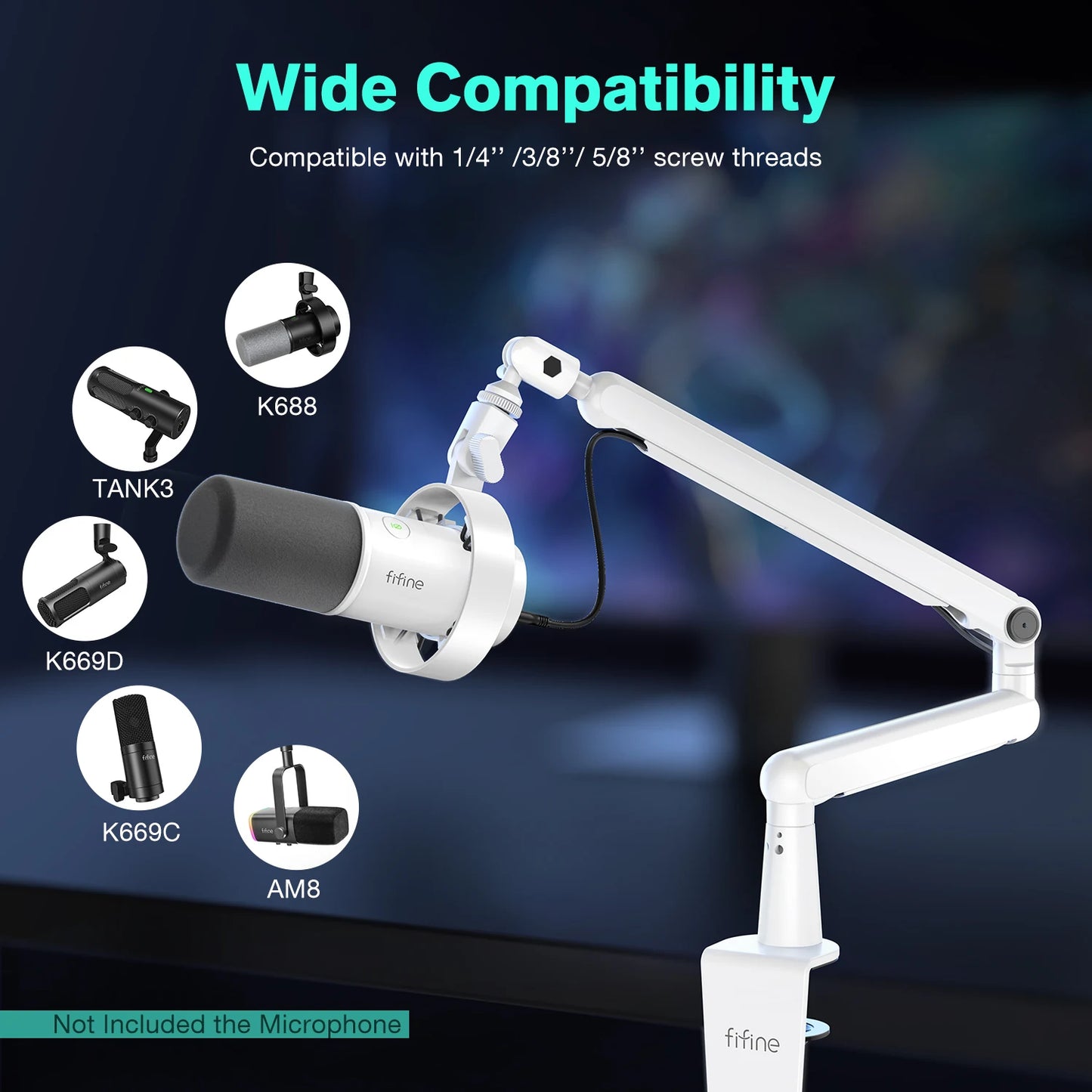 FIFINE BM88W Low-Profile Microphone Boom Arm – Adjustable Desk Mount Mic Arm with Built-In Cable Management for Streaming, Gaming & Podcasting (White)