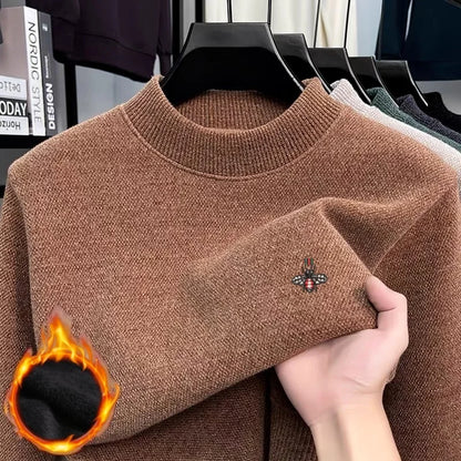 Men’s 100% Merino Wool Winter Sweater – Little Bee Embroidered Ribbed Collar Knitted Pullover, Soft Warm Fashion Knitwear