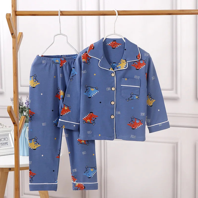 Kids' Cotton Pajama Set – Soft Cartoon Print Long-Sleeve Lapel Sleepwear for Boys & Girls, Comfortable Loose Spring Nightwear