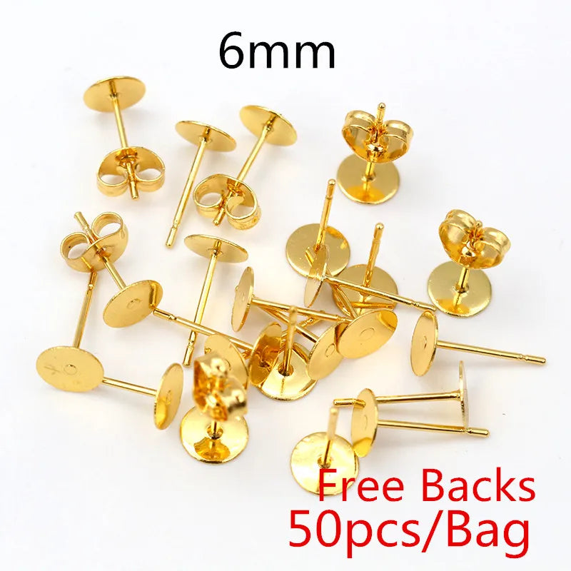Clous de boucles d'oreilles en acier inoxydable doré, 50 à 100 pièces, avec attaches – Tiges de base vierges pour la fabrication de bijoux et boucles d'oreilles DIY