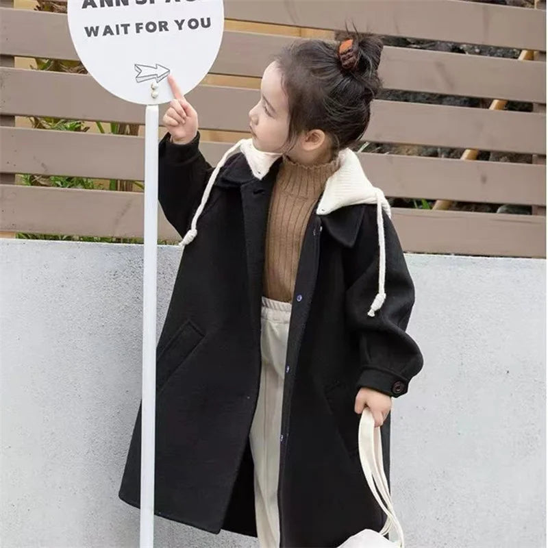Girls Tweed Jacket, Medium-Length Hooded Coat for Kids, Warm Single-Breasted Autumn and Spring Overcoat, Casual Windbreaker Outerwear