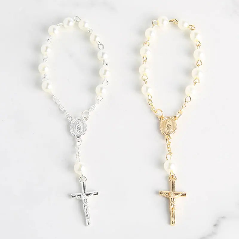 Mini Chapelet Cadeaux de Baptême – Bracelet Chapelet Perles Croix Catholique, Cadeaux Souvenirs Communion & Baptême, Faveurs Religieuses pour Célébrations de Baptême (10-100pcs)