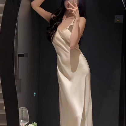 Women’s 2PCS Sleepwear Set – Backless Suspender Nightgown & Long Robe Elegant Sexy Loungewear Dress