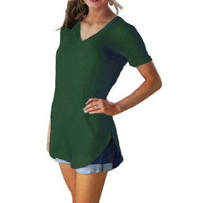Women's Summer V-Neck Blouse – Solid Color Short-Sleeve Loose T-Shirt with Curved Hem, Casual Lightweight Top for Everyday Wear