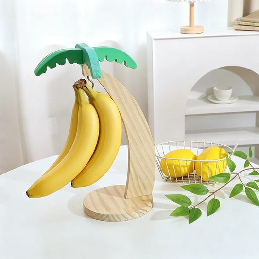 Estante de madera para plátanos, estante colgante para cocina con hojas simuladas decorativas, frutero vertical con gancho, decoración de cocina