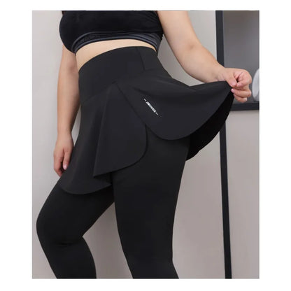 Plus Size Women's 2-in-1 Skirted Leggings – High-Waist Yoga & Training Pants with Pockets, Sharkskin Fabric & Faux Two-Piece Design