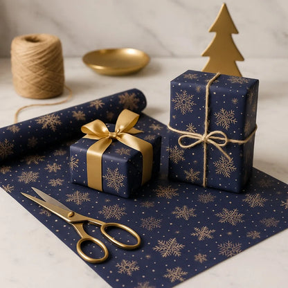 1 Roll Extra Long Navy Blue Snowflake Wrapping Paper – Double-Sided Winter Snowflake Kraft Gift Wrap for Christmas & Holiday Packaging