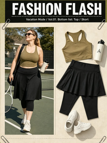 Women's Plus Size Skirted Capri Leggings – Knee-Length Skort with High-Waist Capris, Zipper Pockets & Comfortable Layered Design