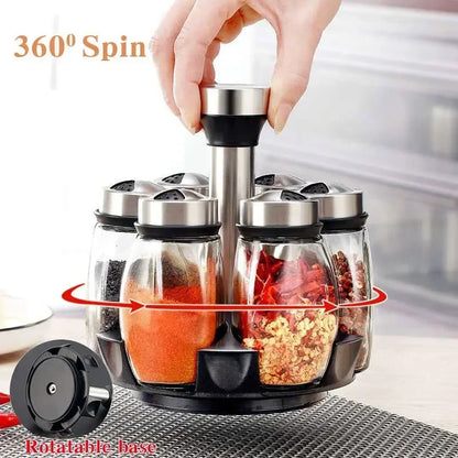 6-in-1 Glass Spice Jar Set with Rotating Rack – Seasoning Organizer with Salt, Pepper, Sugar & Spice Bottles for Kitchen Storage