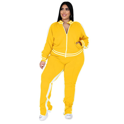 Plus Size L-5XL Women's 2-Piece Sweatsuit Set – Zip-Up Striped Top & Slit Jogger Sweatpants, Casual Matching Outfit for Everyday Wear