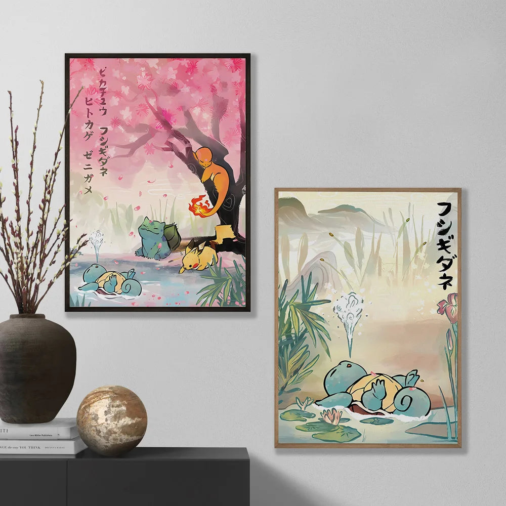 Japanese Anime Pokémon Canvas Wall Art – Pikachu, Charmander & Eevee Watercolor Poster Print Home Decor