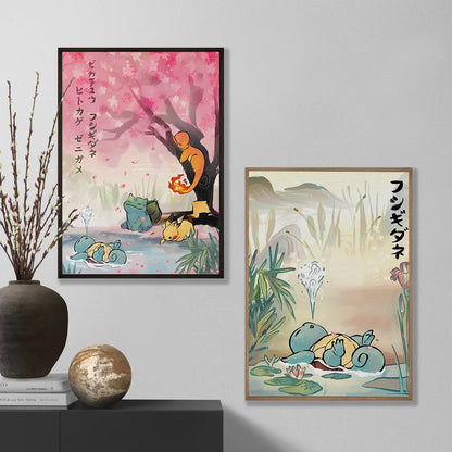 Japanese Anime Pokémon Canvas Wall Art – Pikachu, Charmander & Eevee Watercolor Poster Print Home Decor