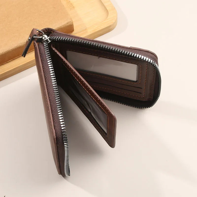 Men's Retro Trifold Wallet PU Leather Short Wallet with Zipper Coin Pocket & Buckle Closure