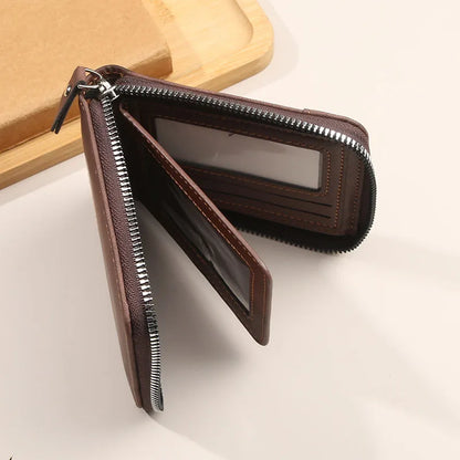 Men's Retro Trifold Wallet PU Leather Short Wallet with Zipper Coin Pocket & Buckle Closure