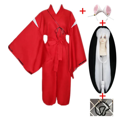 Inuyasha Inspired Anime Cosplay Costume Set – Adult Halloween Carnival Outfit with Wig, Ears & Necklace Funny Roleplay Suit