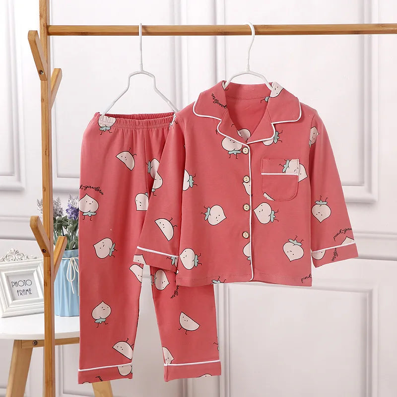 Kids' Cotton Pajama Set – Soft Cartoon Print Long-Sleeve Lapel Sleepwear for Boys & Girls, Comfortable Loose Spring Nightwear