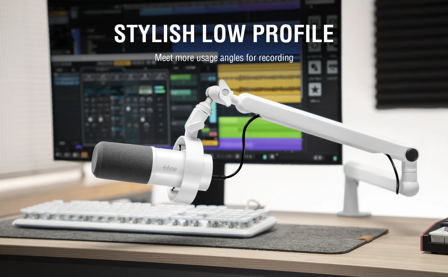 FIFINE BM88W Low-Profile Microphone Boom Arm – Adjustable Desk Mount Mic Arm with Built-In Cable Management for Streaming, Gaming & Podcasting (White)
