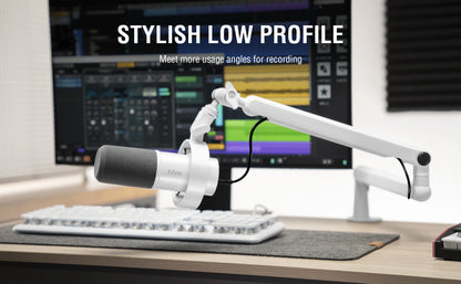 FIFINE BM88W Low-Profile Microphone Boom Arm – Adjustable Desk Mount Mic Arm with Built-In Cable Management for Streaming, Gaming & Podcasting (White)