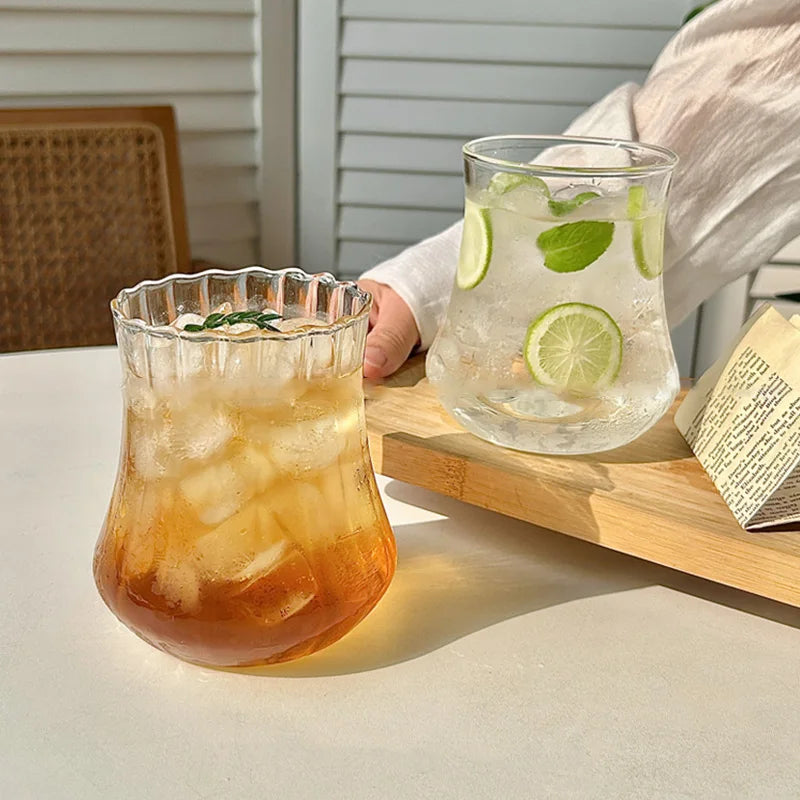 INS Style Transparent Striped Glass Cup, Creative Cold Coffee Mug, Iced Juice and Cocktail Drinking Glass, Elegant Water and Wine Cup, Modern Glass Drinkware