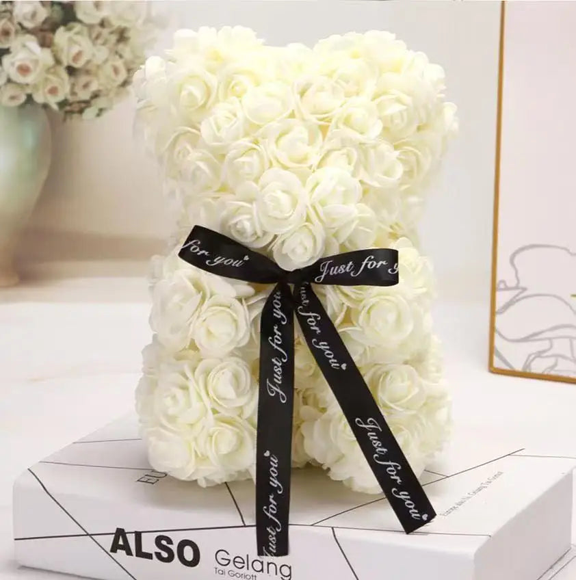 Oso de rosas artificiales de 25 cm con caja de regalo – Regalo romántico para ella en San Valentín, aniversario y boda
