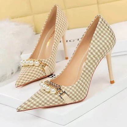 BIGTREE Escarpins à talons aiguilles et chaîne de perles de luxe pour femme – Idéal pour mariage, soirée et banquet