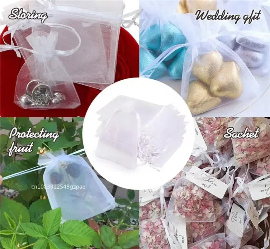 Bolsas de regalo de organza blanca de 20 a 100 unidades – Bolsas de joyería con cordón para recuerdos de boda, regalos de Navidad, empaques de dulces y accesorios para fiestas