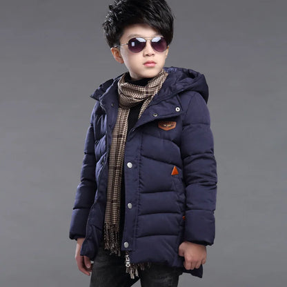Boys Winter Hooded Jacket Ages 5-14, Warm Slim Fit Long Coat for Kids, Fashionable Windproof Outdoor Outerwear for Teen Boys