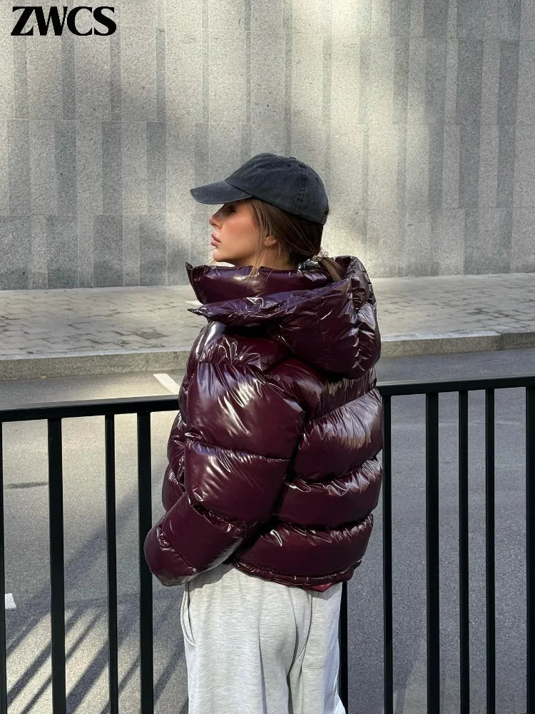 Women’s Glossy Hooded Winter Jacket – Zip-Up Short Cotton-Padded Coat with Elastic Waist & Pleated Design, High-Street Outerwear